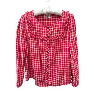 ANTHROPOLOGIE Holding Horses Pink Gingham Ruffle Button Front Blouse | Size 6